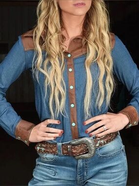 Women’s MediumPullover Button Up by Cowgirl Tuff ~ Brown Faux Leather & Denim